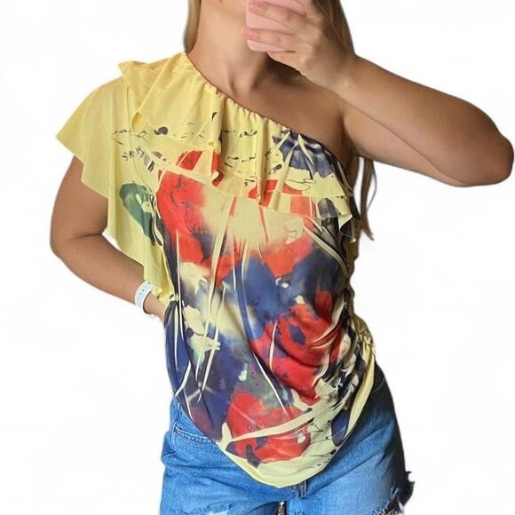 Y2k maximalist one shoulder Gold Flava top - Picture 1 of 8